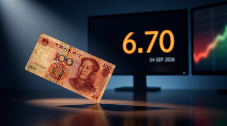 Chinese yuan banknote against trading terminal showing 6.70 ahead of Trump-Xi Summit and 10 November trade deadline