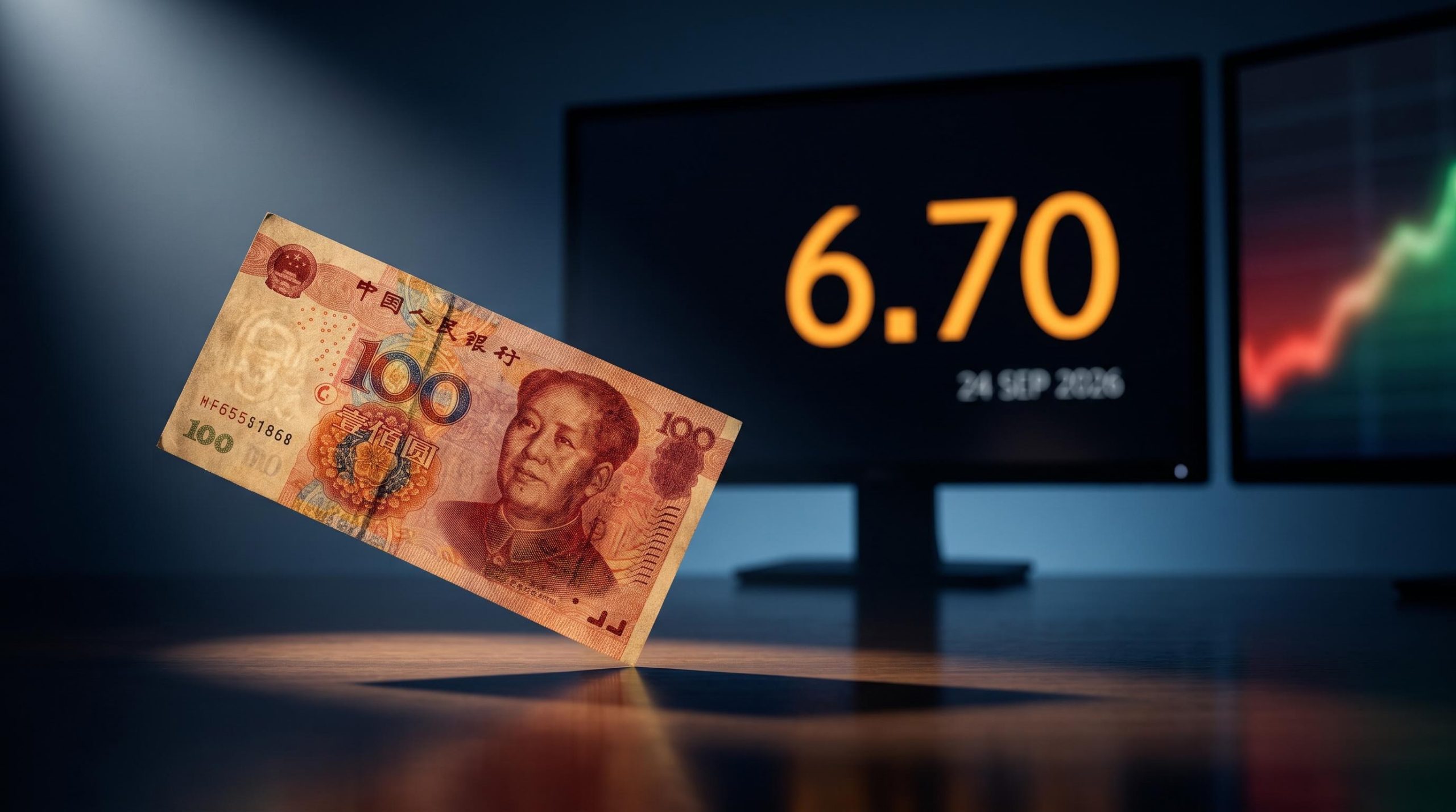 Chinese yuan banknote against trading terminal showing 6.70 ahead of Trump-Xi Summit and 10 November trade deadline