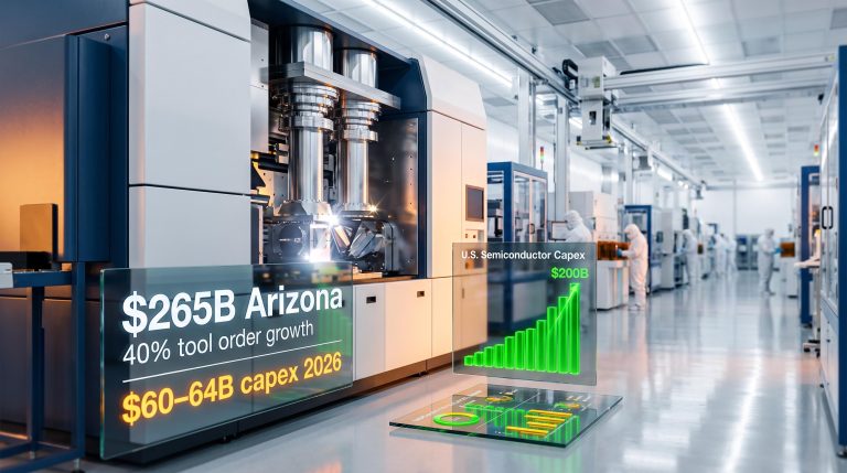 ASML EUV lithography machine inside US fab with $265B Arizona and 40% tool order growth panels