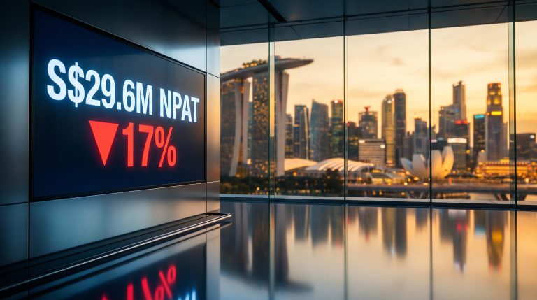 Singapore Marina Bay skyline behind trading screen showing Tuas NPAT beat against a 17% share price fall