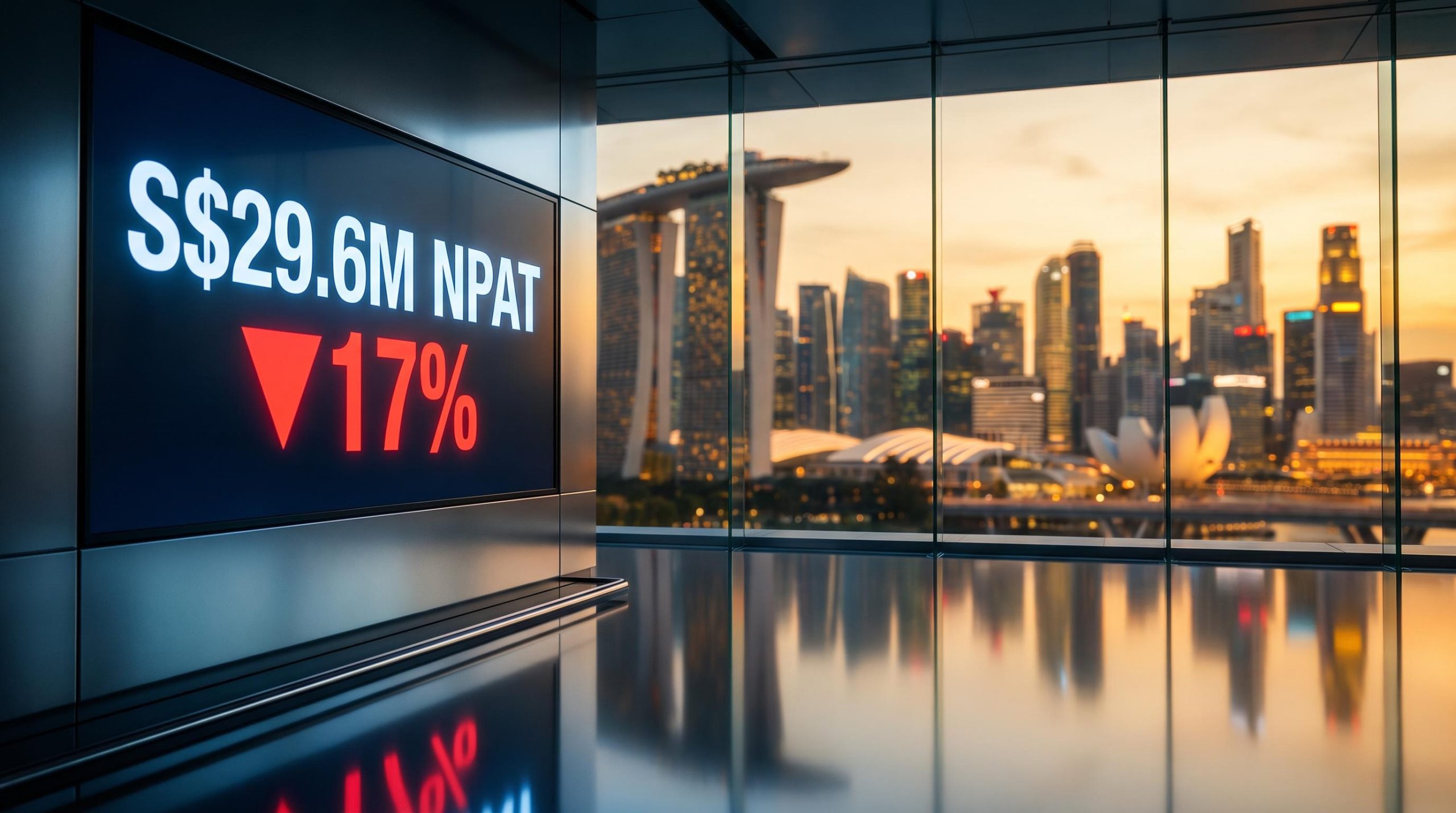 Singapore Marina Bay skyline behind trading screen showing Tuas NPAT beat against a 17% share price fall