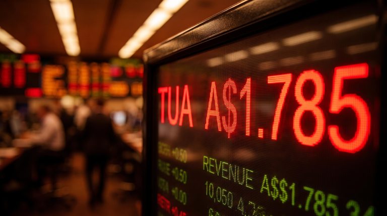 TUA ASX trading screen showing A$1.785 share price in red amid Tuas regulatory investigation and 23% earnings-day fall