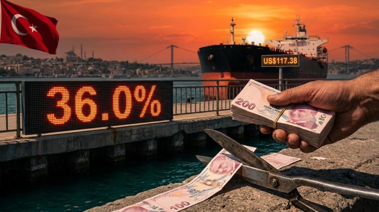 Turkey central bank rate cut to 36.0% shown on a Bosphorus quayside board as an oil tanker and cut lira notes frame the scene