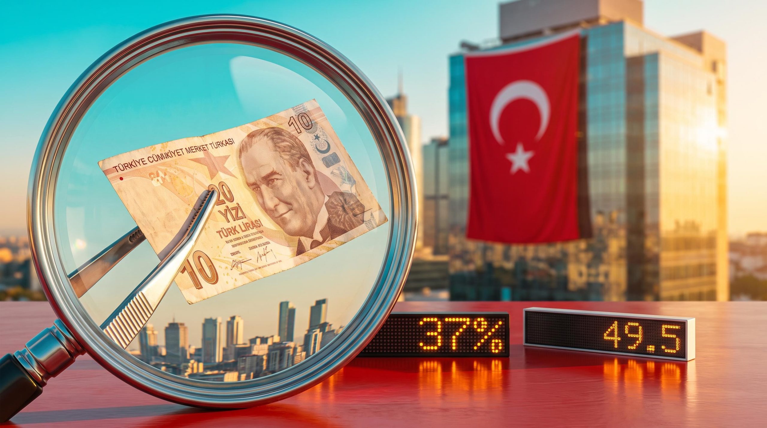 Lira banknote under a magnifying loupe against Istanbul skyline, ahead of the Turkey central bank rate decision