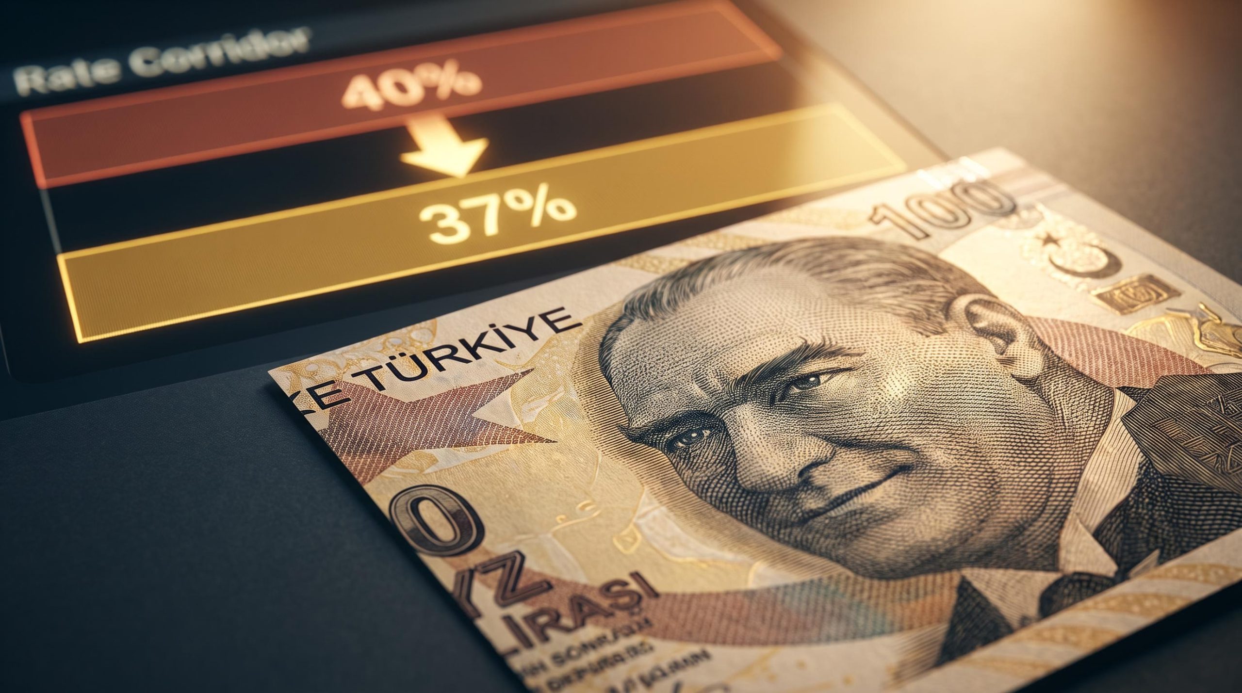 Turkish lira note under editorial macro with 37% repo rate corridor display — carry trade funding channel explained