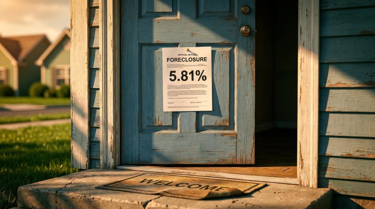 Foreclosure notice on suburban front door with 5.81% FHA delinquency rate visible, two-wave mortgage crisis analysis