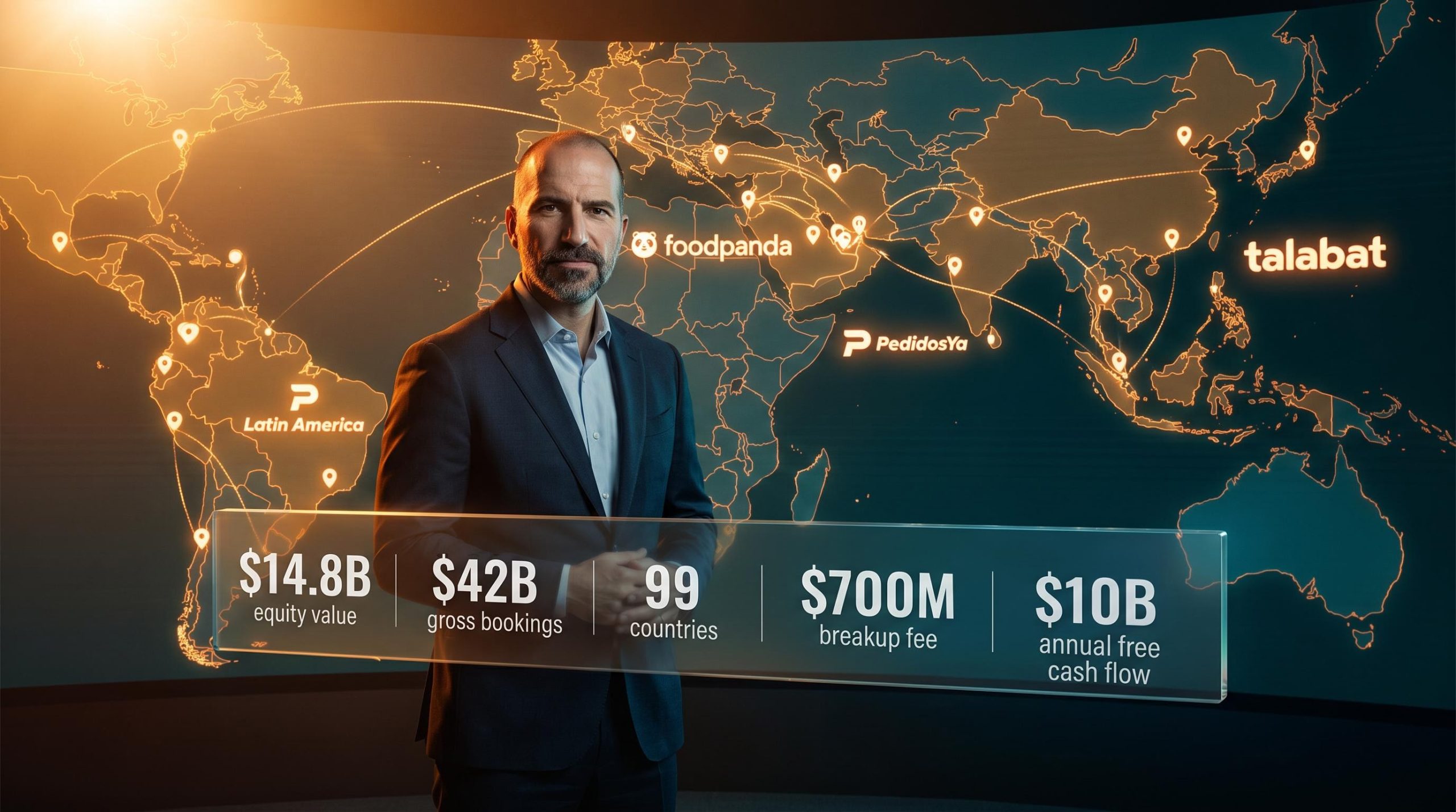 Dara Khosrowshahi with $14.8B Delivery Hero acquisition data panels and 99-country global map display