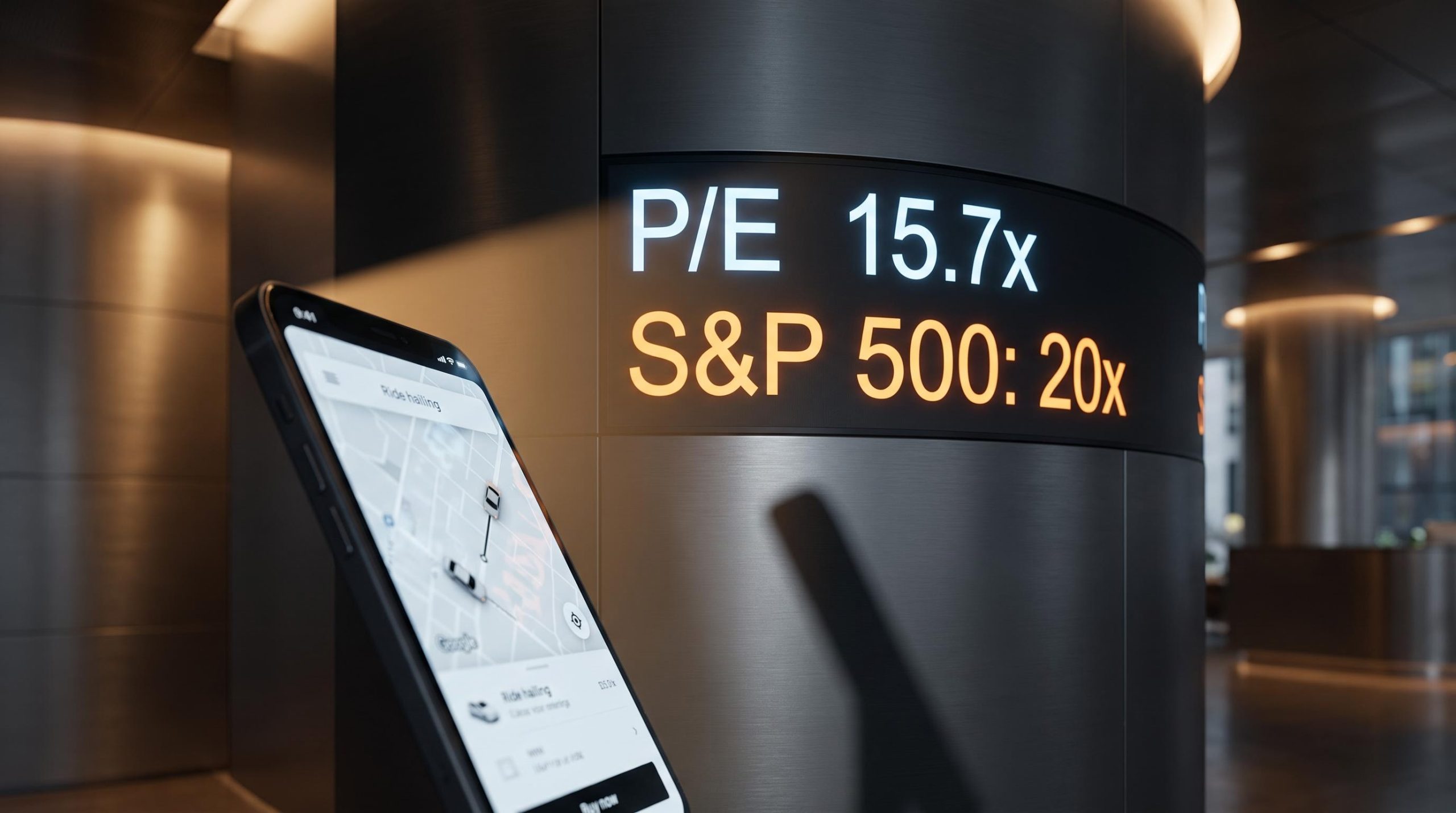 Uber smartphone with P/E 15.7x vs S&P 500 20x data board, highlighting Uber undervalued stock thesis