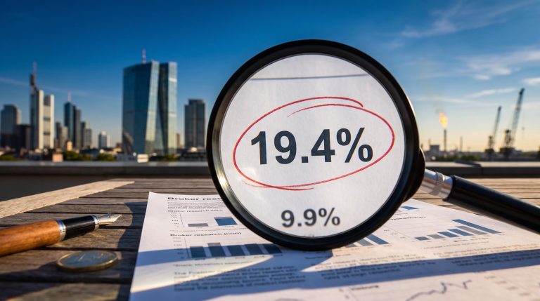 Loupe magnifying 19.4% earnings figure over research page with Frankfurt skyline, UBS European stock outlook analysis