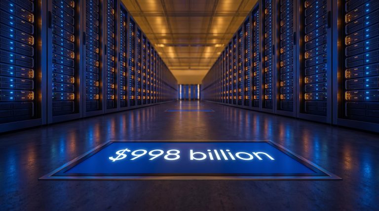 Hyperscale data centre corridor lit in cobalt and amber with "$998 billion" AI capex figure on the floor panel