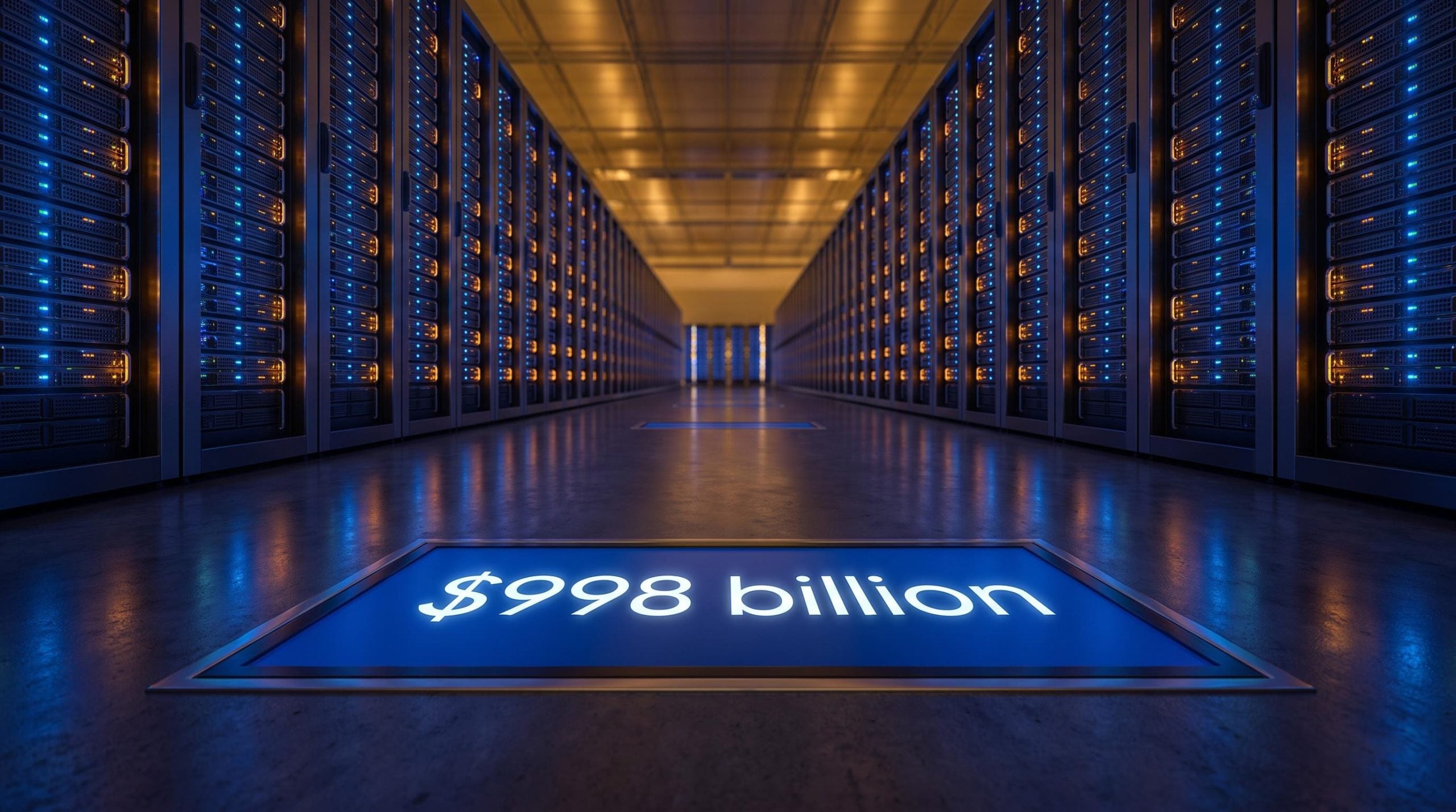 Hyperscale data centre corridor lit in cobalt and amber with "$998 billion" AI capex figure on the floor panel
