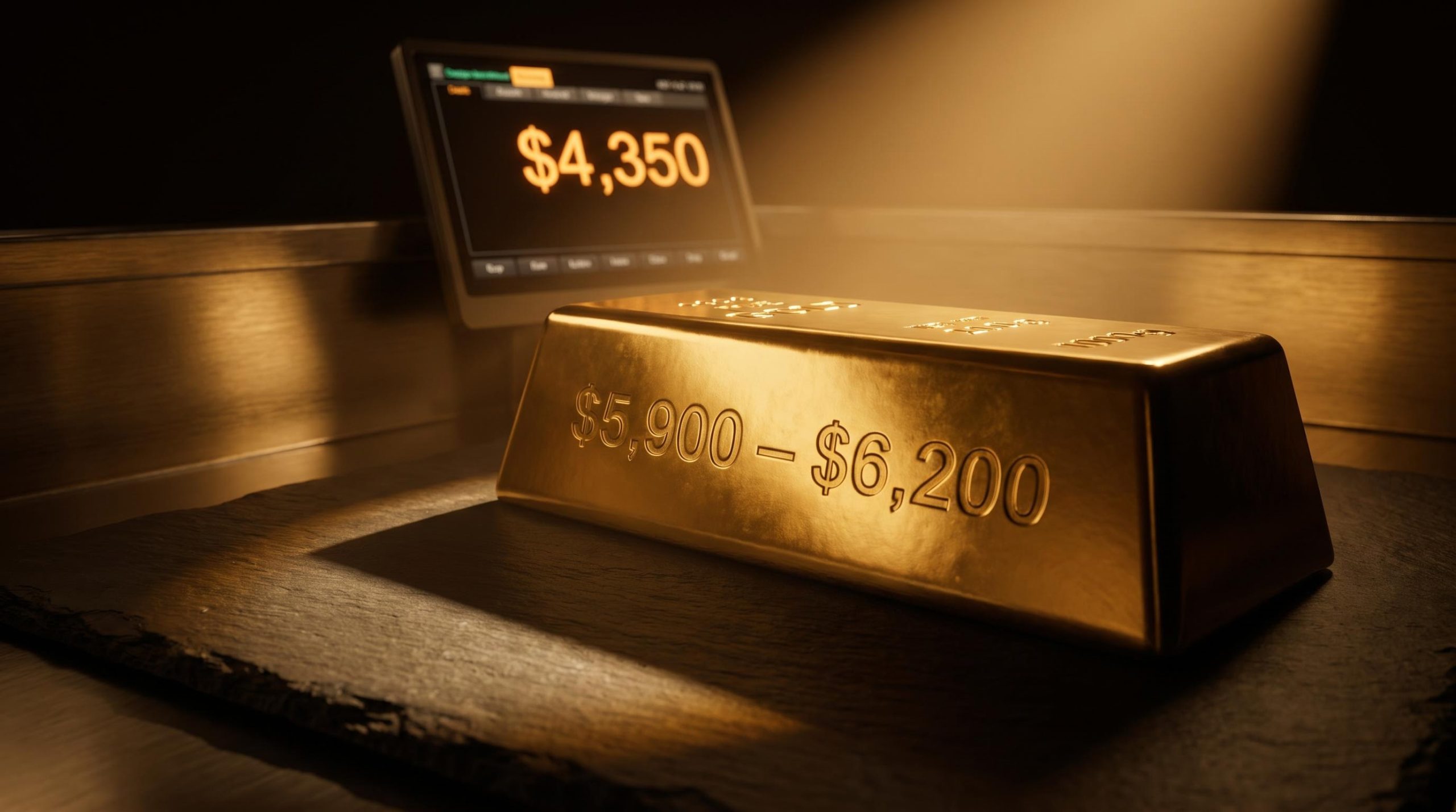 Gold bar bearing UBS $5,900–$6,200 year-end target as metal trades at $4,350 ahead of Fed decision
