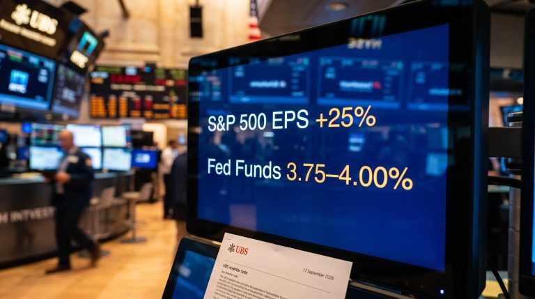 Financial terminal displaying S&P 500 EPS +25% against Fed rate 3.75–4.00% as UBS investment strategy note anchors frame