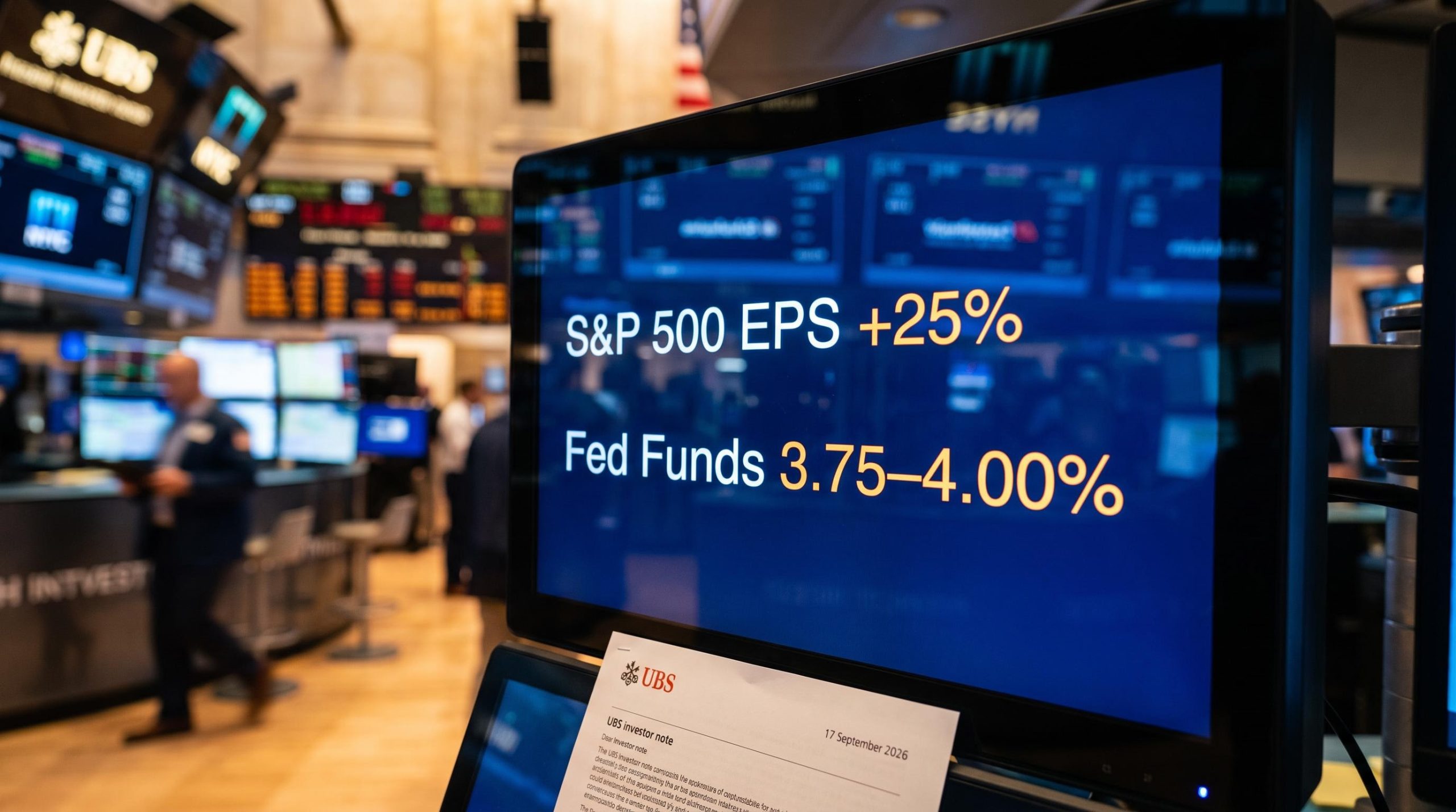 Financial terminal displaying S&P 500 EPS +25% against Fed rate 3.75–4.00% as UBS investment strategy note anchors frame