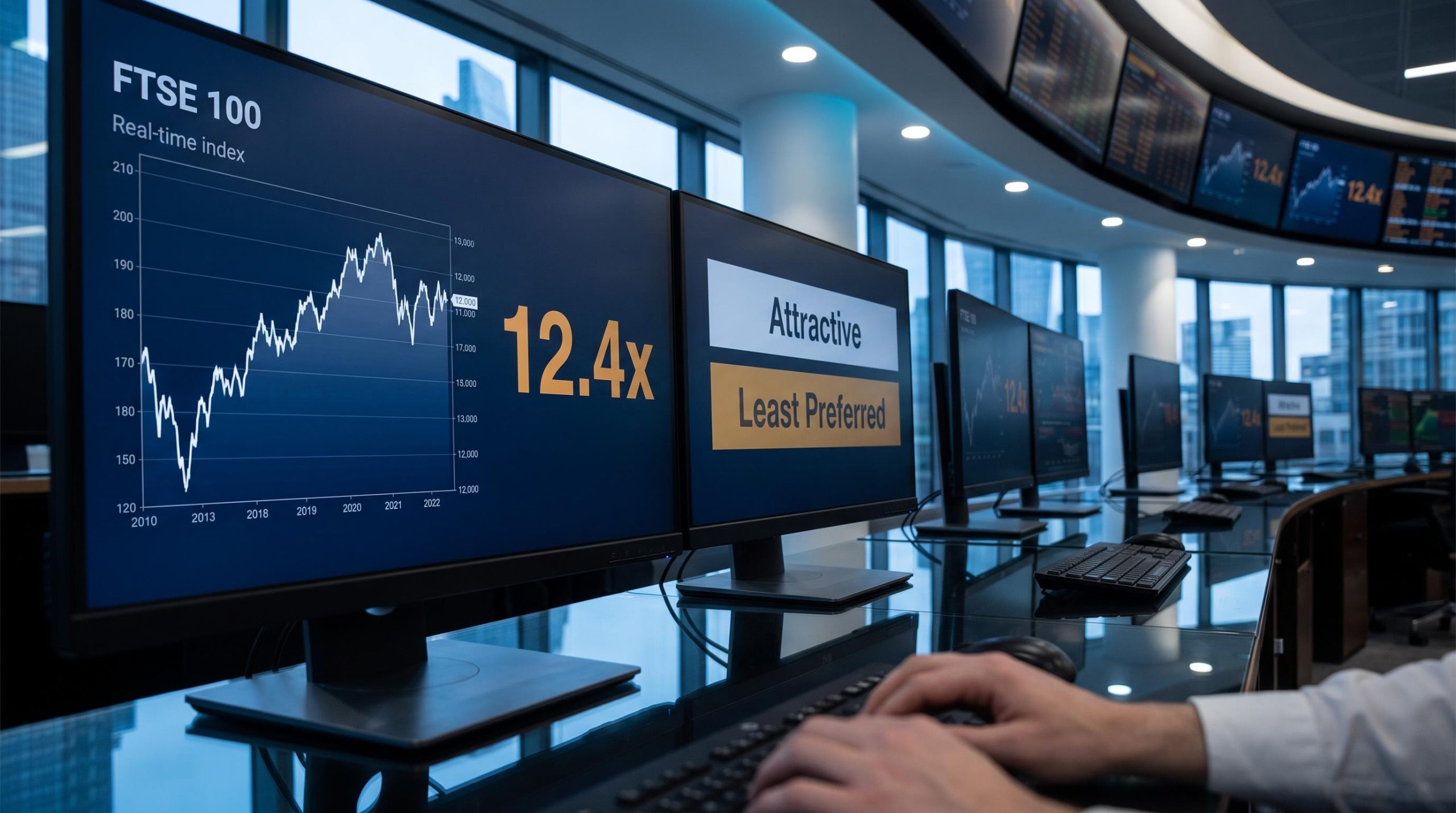 FTSE 100 trading screens showing 12.4x forward earnings amid UBS UK equities dual Attractive and Least Preferred rating