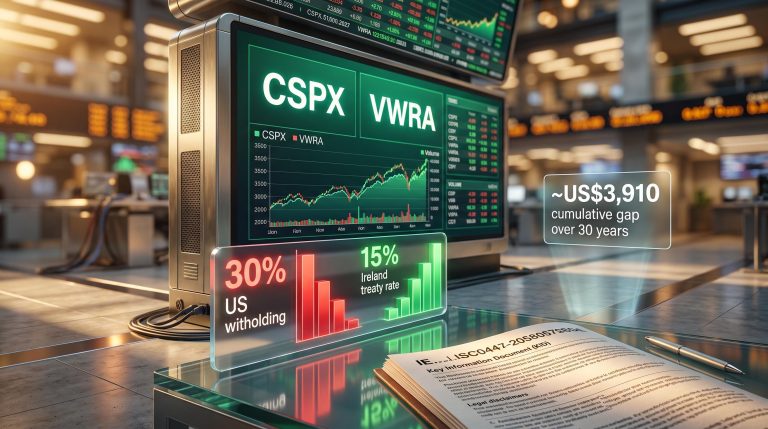 CSPX and VWRA tickers on a London exchange screen showing 15% vs 30% withholding tax gap for UCITS ETFs Singapore