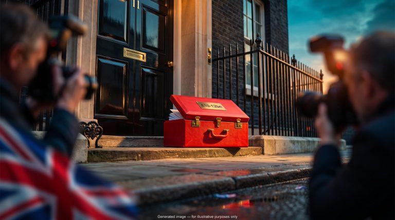 Red Budget box on Downing Street steps with £10-12bn plate ahead of the UK autumn budget 2026