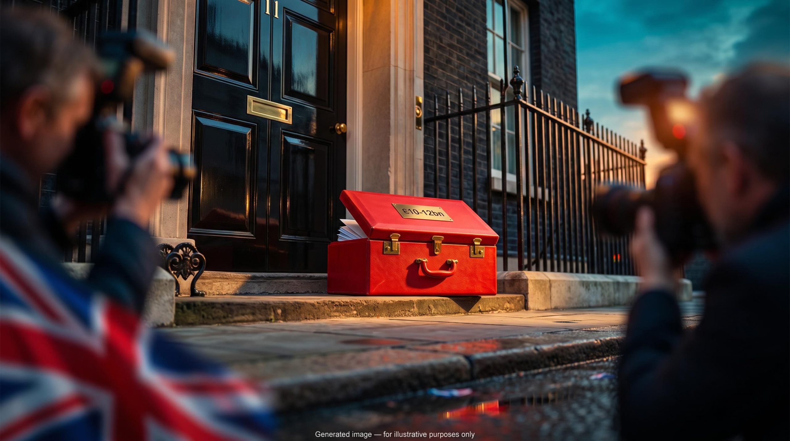 Red Budget box on Downing Street steps with £10-12bn plate ahead of the UK autumn budget 2026