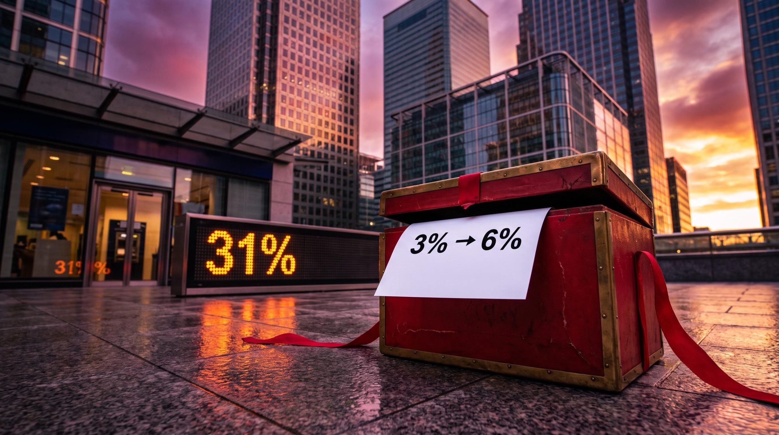 Budget despatch box before Canary Wharf towers showing 3% to 6% as the UK bank tax surcharge hits Lloyds and NatWest