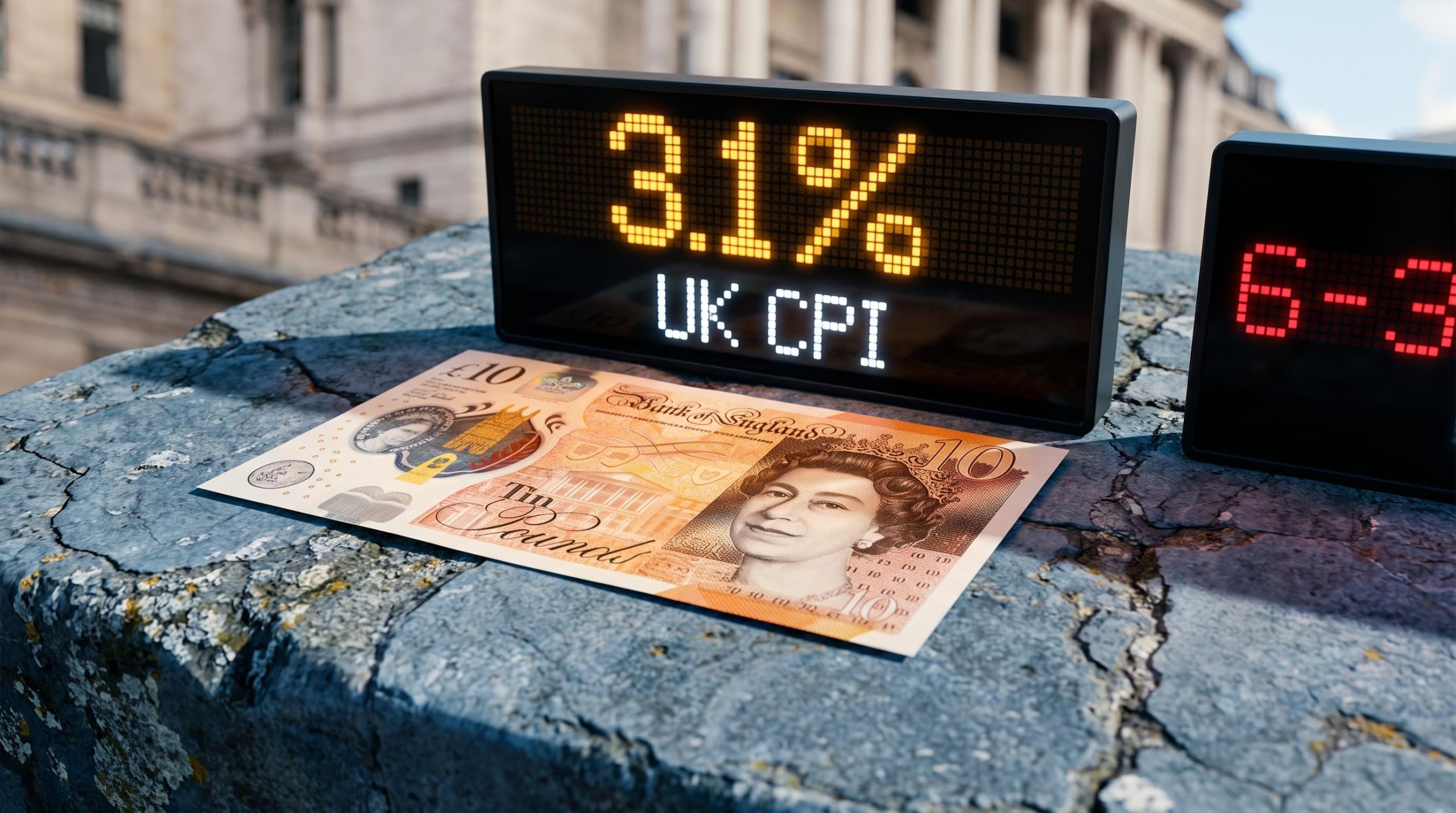 UK CPI at 3.1% display above a British banknote, reflecting Bank of England rate hike pressure