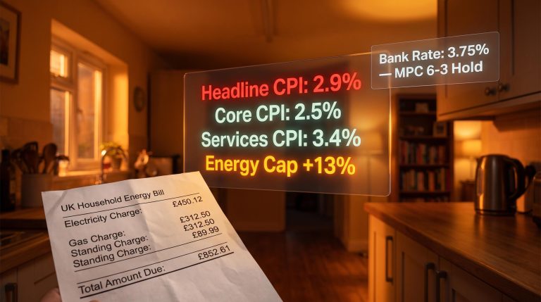 UK energy bill in foreground with CPI data panels showing headline 2.9% vs core 2.5% as BoE holds at 3.75%