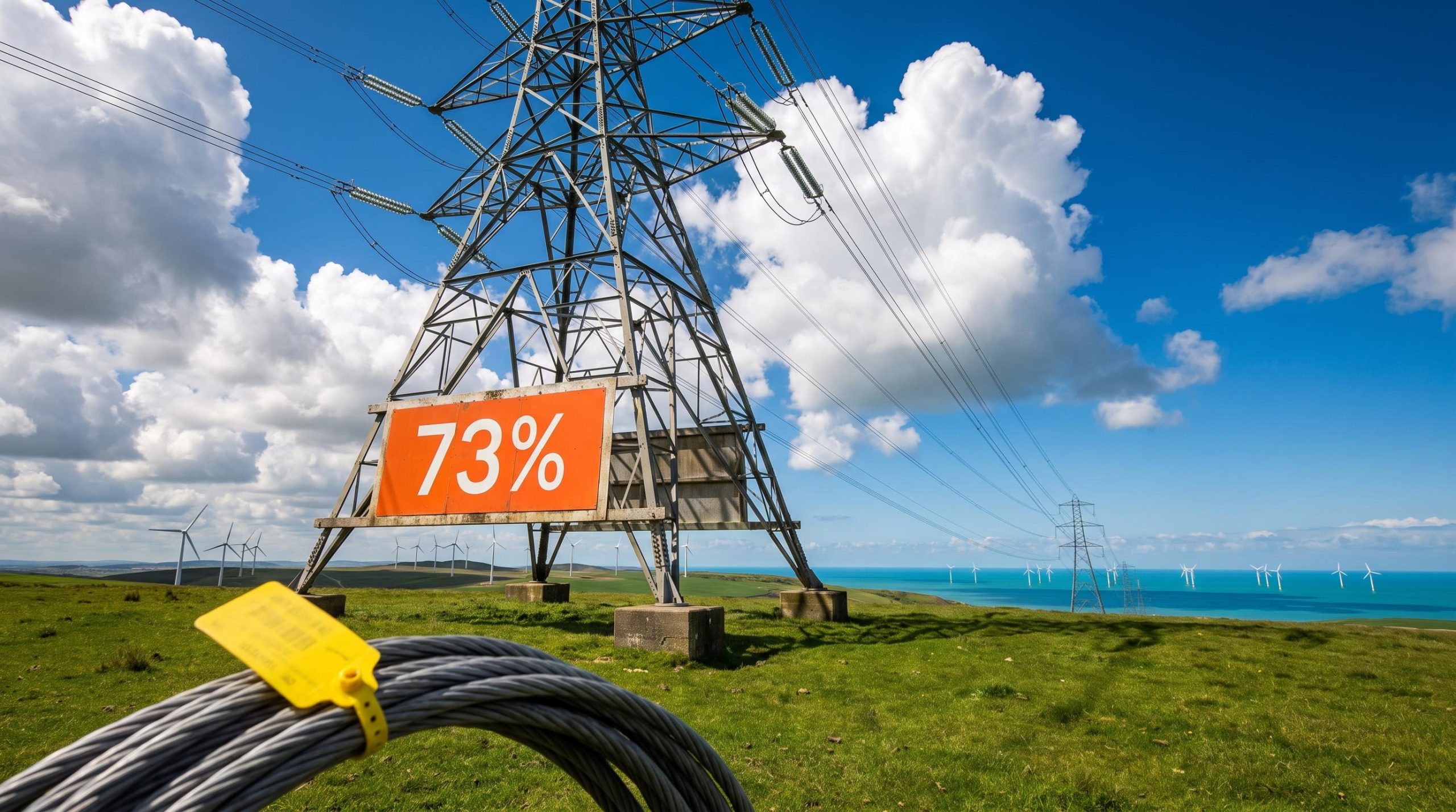 Electricity pylon with 73% sign and offshore wind farm behind, showing the UK power market's grid connection constraint