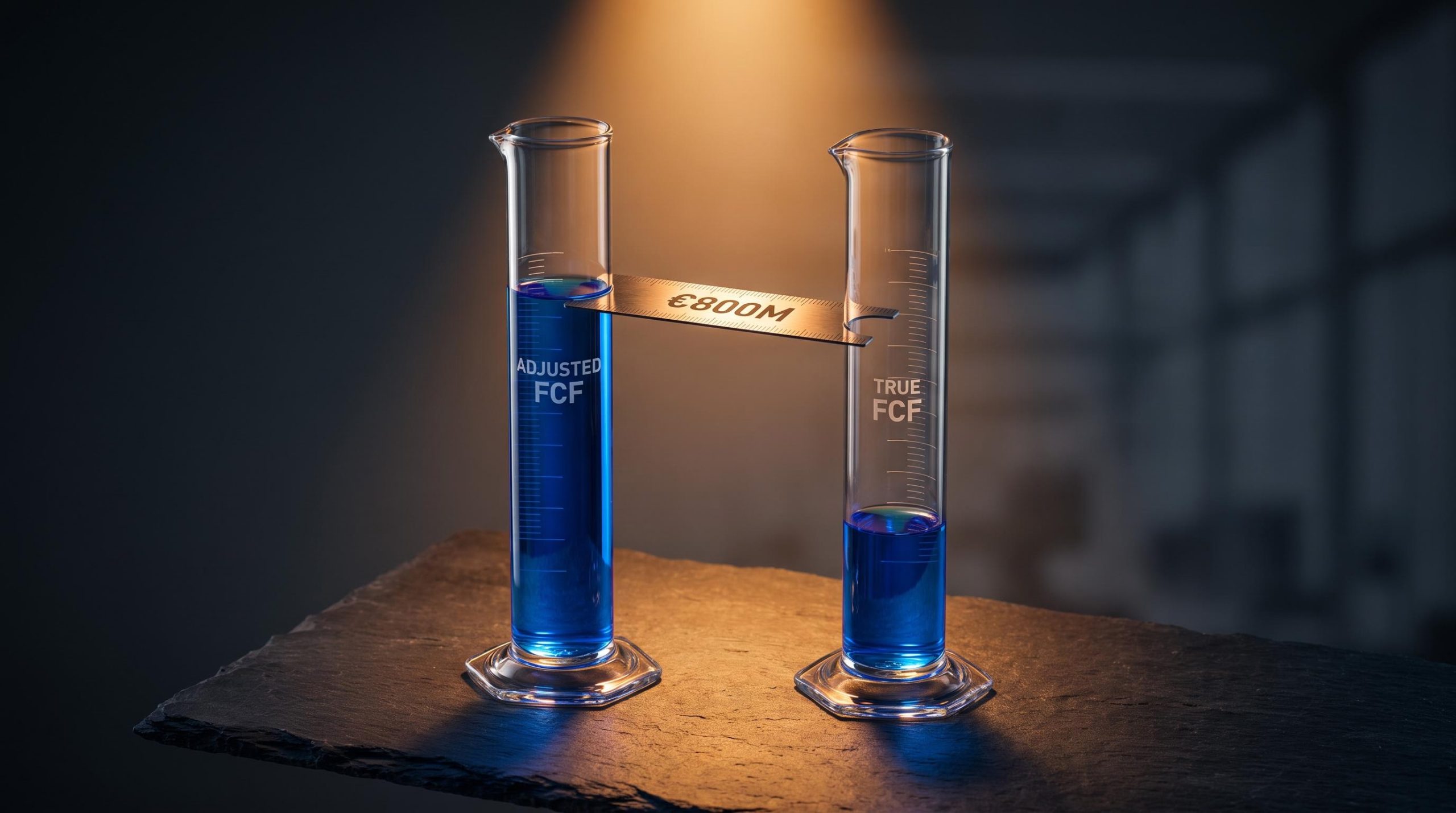 Two glass cylinders showing the €800M gap between UMG's adjusted and true free cash flow figures