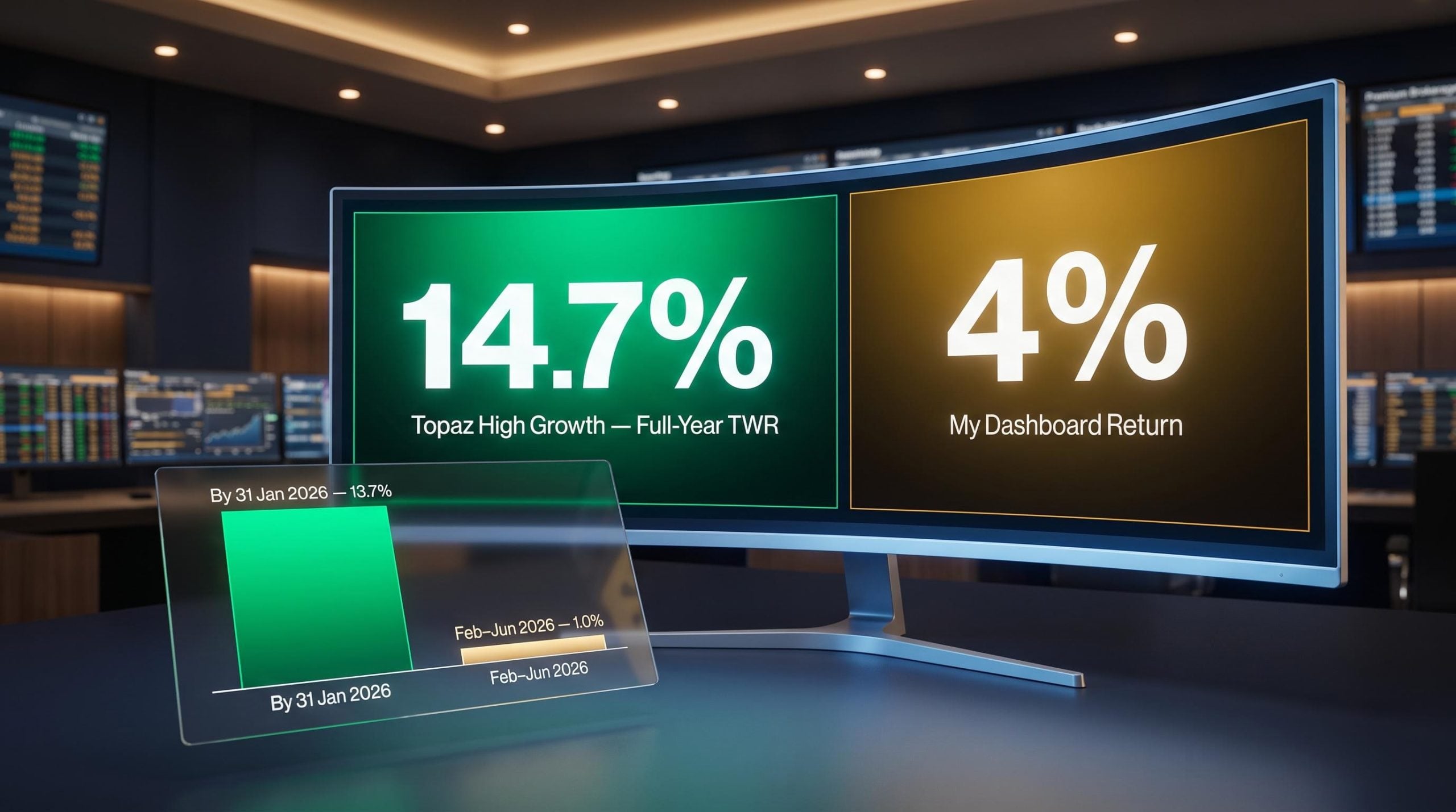Dashboard showing 4% personal return beside 14.7% published TWR, illustrating understanding investment returns gap