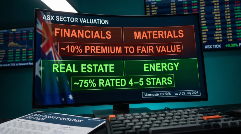 ASX sector valuation screen showing 10% cap-weighted premium vs 75% of real estate and energy stocks rated undervalued