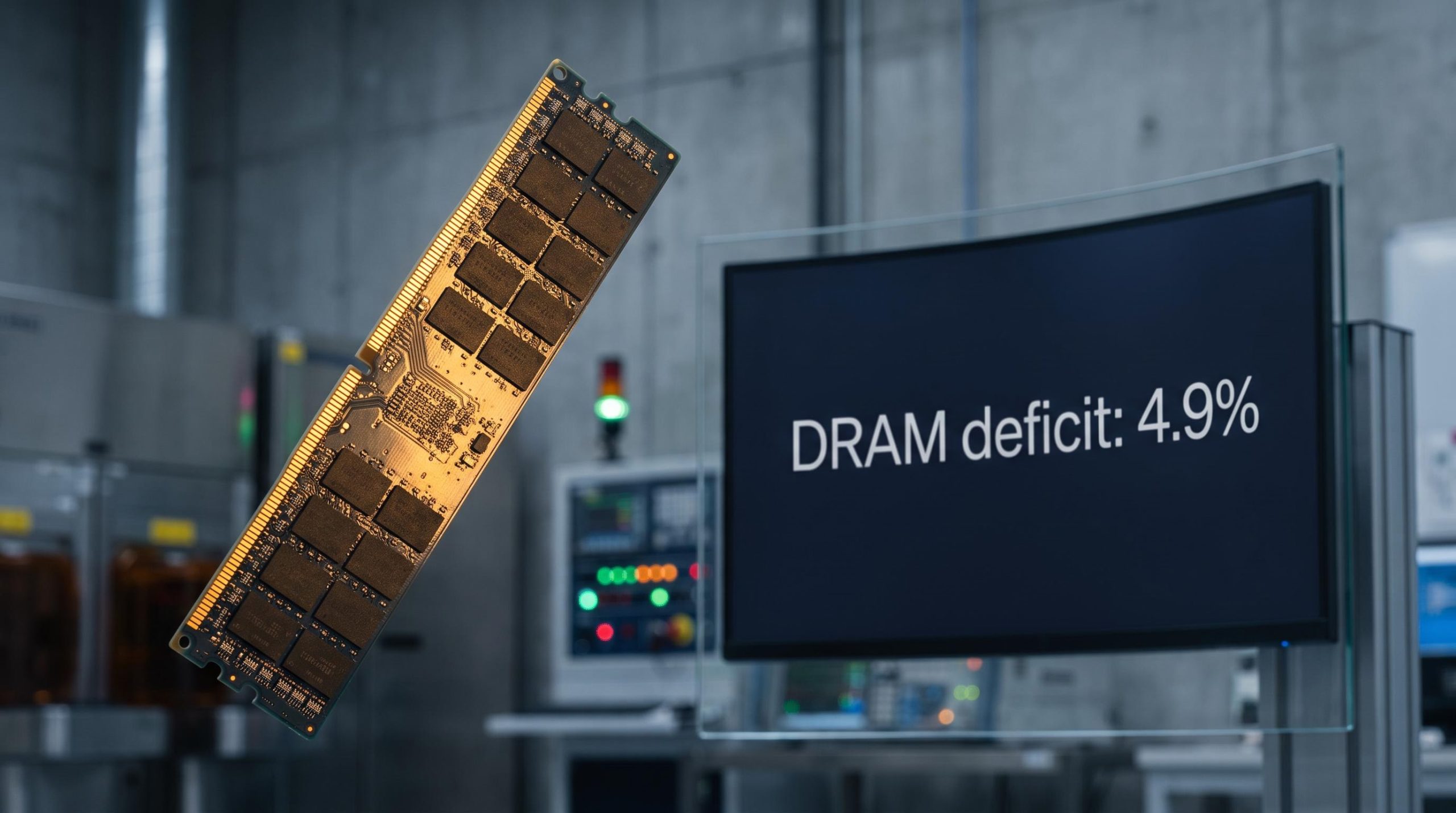 DRAM memory module under sharp analytical light with 4.9% deficit data — undervalued semiconductor stocks thesis