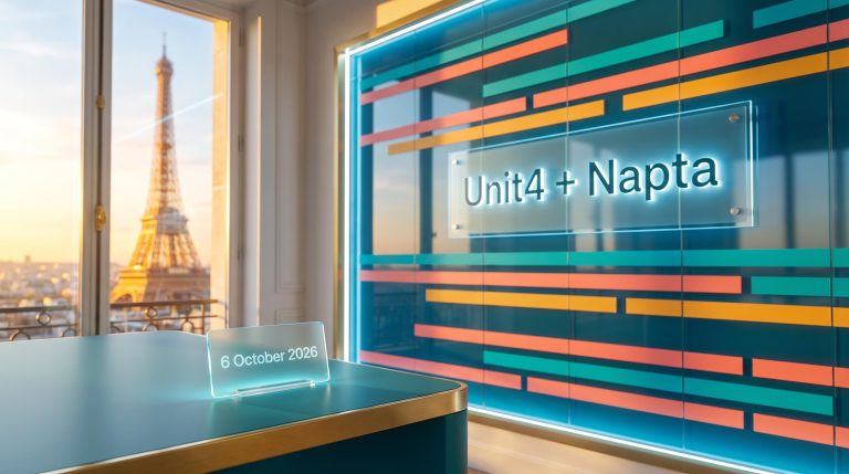 Paris skyline behind a colourful staffing planner wall marking the Unit4 Napta acquisition of 6 October 2026