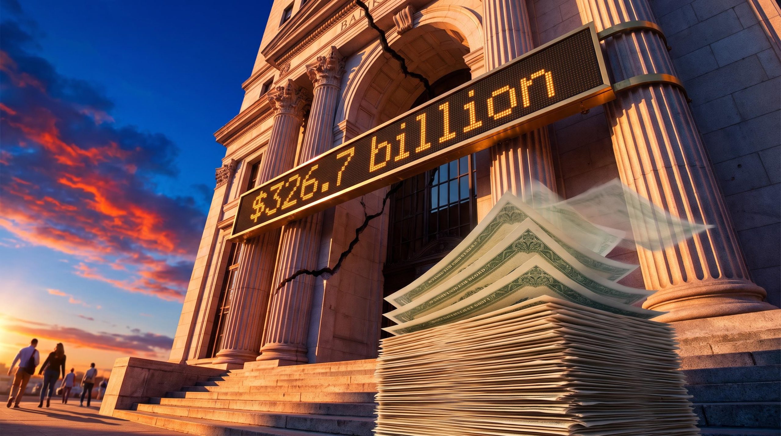 Cracked bank facade with ticker showing $326.7 billion and fading bond certificates illustrating unrealized bank losses