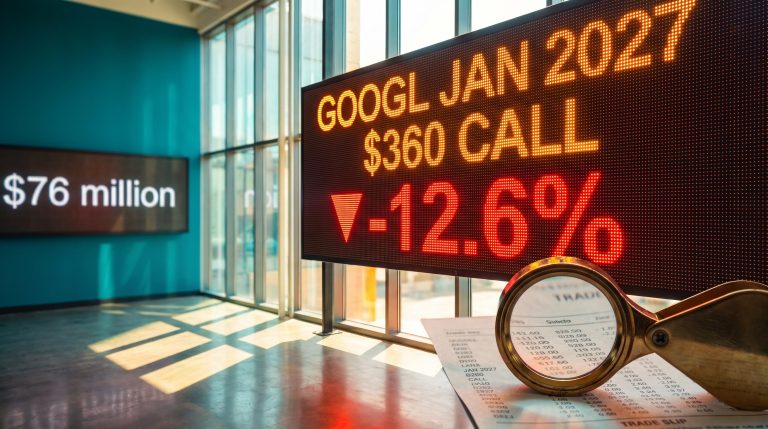 Trading board showing Alphabet call options and a 12.6% drop, with loupe scrutinising unusual options activity