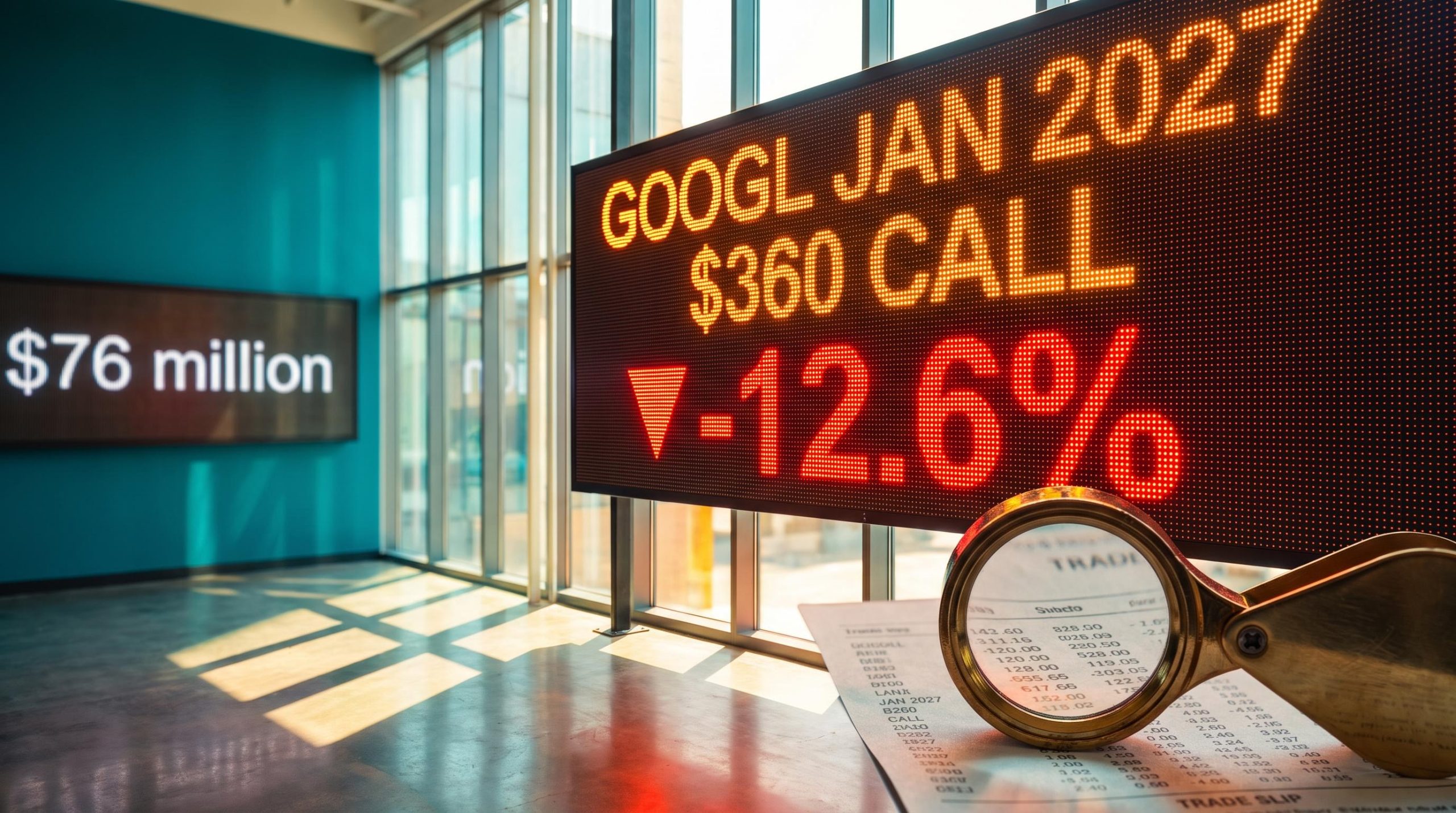 Trading board showing Alphabet call options and a 12.6% drop, with loupe scrutinising unusual options activity
