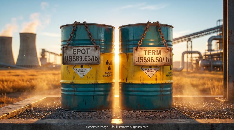 Two uranium drums with spot US$89.63/lb and term US$96.50/lb price tags, illustrating uranium spot and term markets