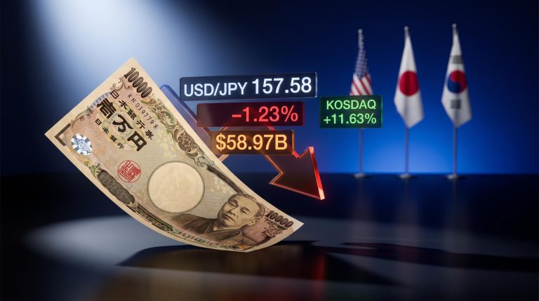 Yen banknote with USD/JPY 157.58 and $58.97B intervention data panels, US-Japan-South Korea flags in background