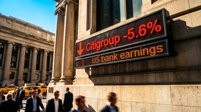Wall Street ticker board showing Citigroup down 5.6% as US bank earnings meet falling shares
