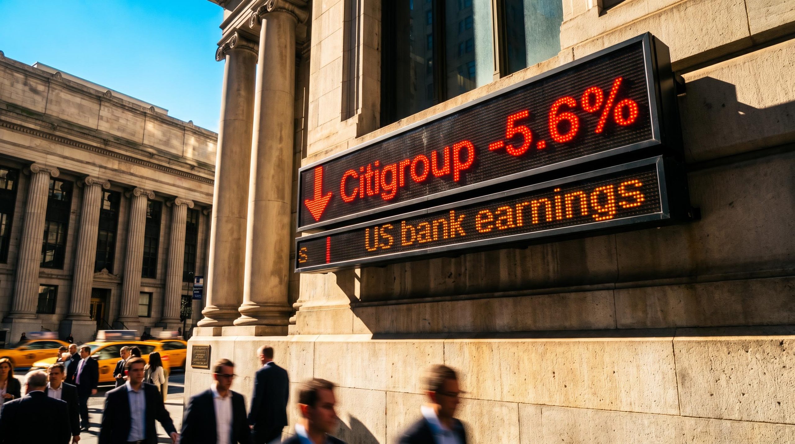 Wall Street ticker board showing Citigroup down 5.6% as US bank earnings meet falling shares
