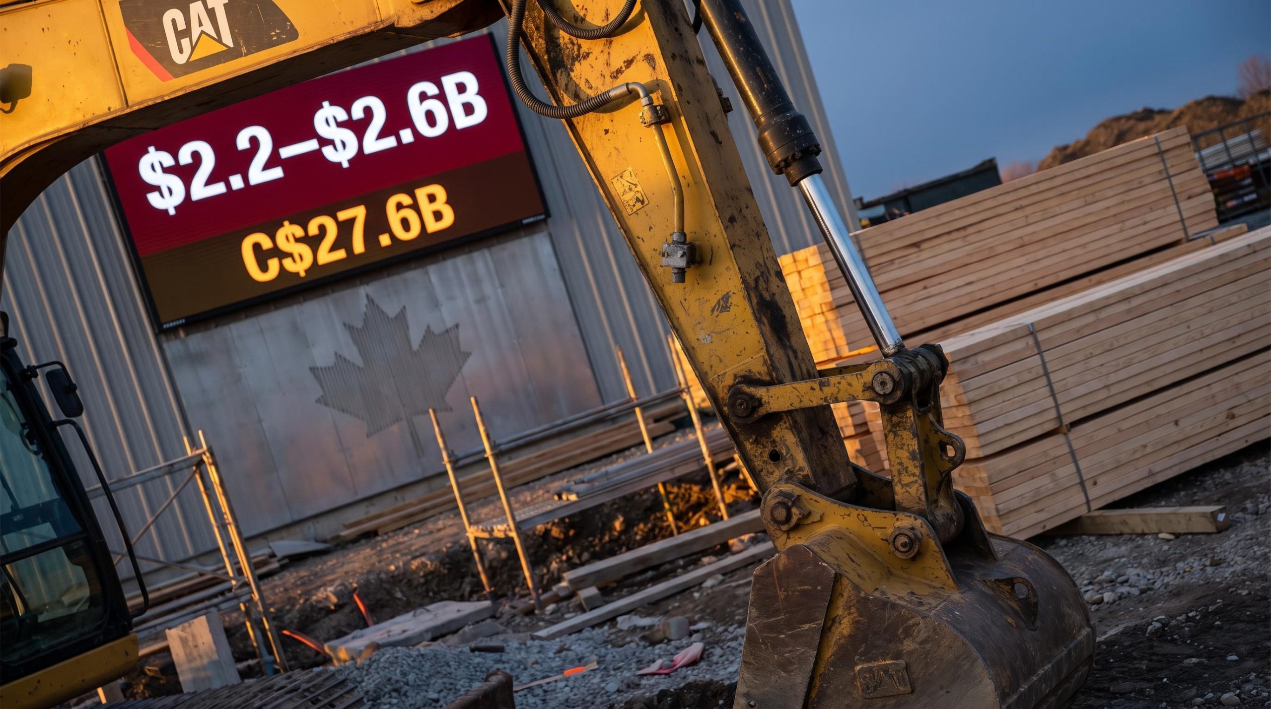 Caterpillar excavator arm and lumber stack with US-Canada tariff figures — $2.2–$2.6B guidance highlighted