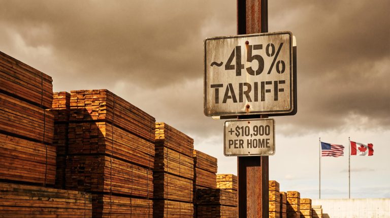 Lumber yard with US-Canada tariff signage showing ~45% duty and $10,900 per-home cost impact