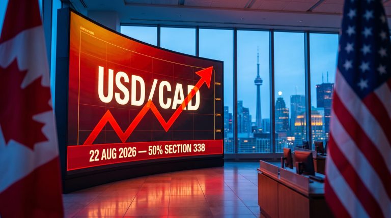 USD/CAD terminal alert showing 50% Section 338 tariff deadline of 22 Aug 2026 on Toronto trading floor