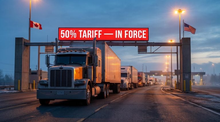Halted truck convoy at US-Canada border crossing as 50% tariffs on $20B in Canadian goods take effect