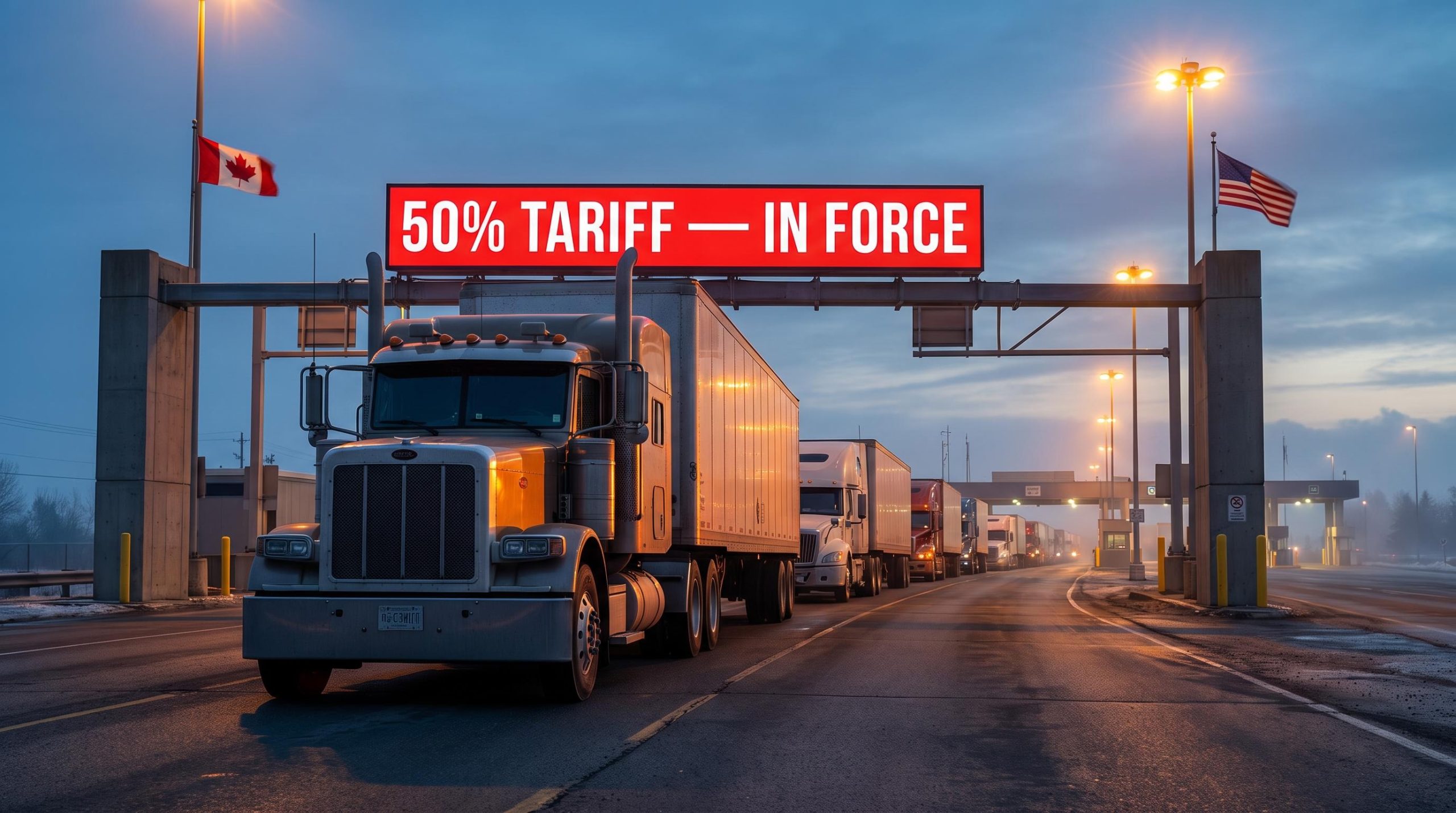 Halted truck convoy at US-Canada border crossing as 50% tariffs on $20B in Canadian goods take effect