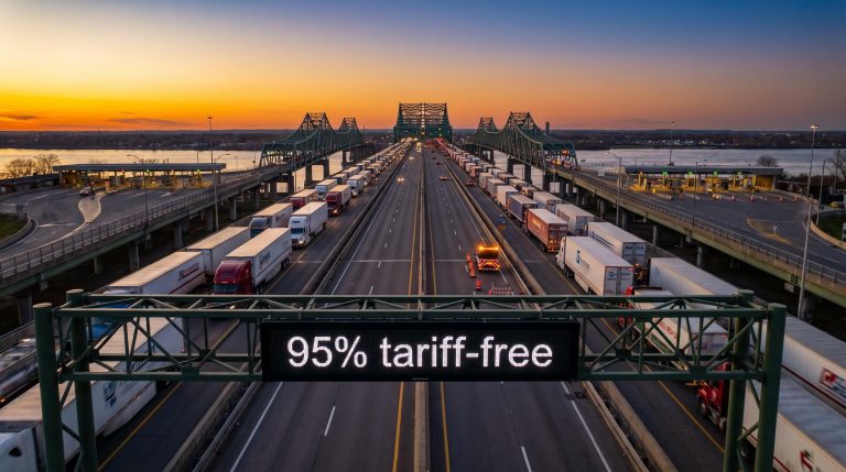 US-Canada border crossing with hundreds of freight trucks and '95% tariff-free' sign — trade war scale in context