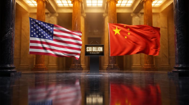 US and China flags flank a summit briefing stand displaying the $30 billion tariff deal deadline of 10 January 2027