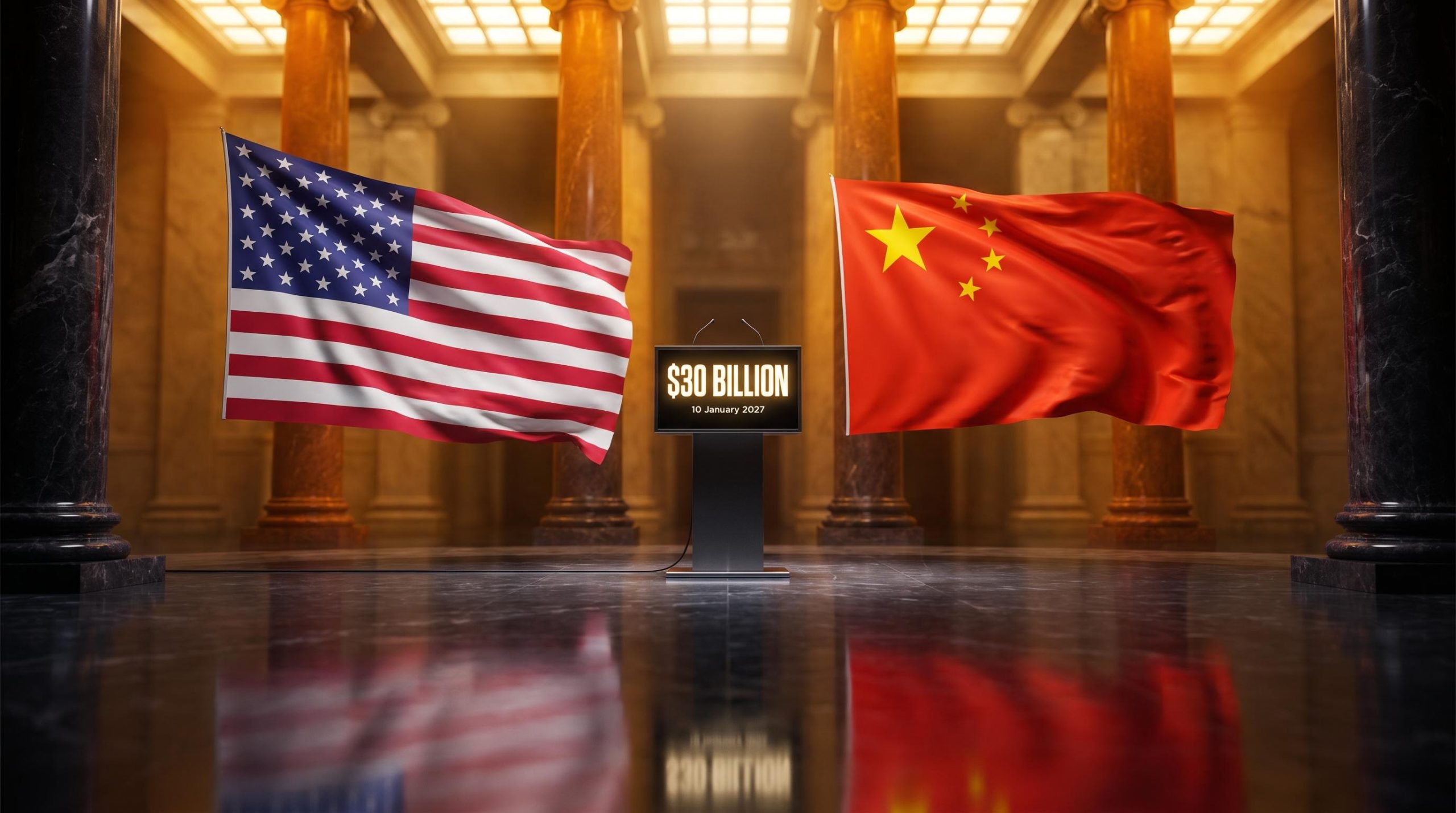 US and China flags flank a summit briefing stand displaying the $30 billion tariff deal deadline of 10 January 2027