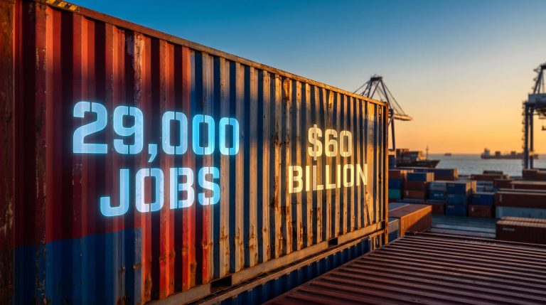 Container port at golden hour with US-China tariff $60 billion and 29,000 jobs figures on steel crate