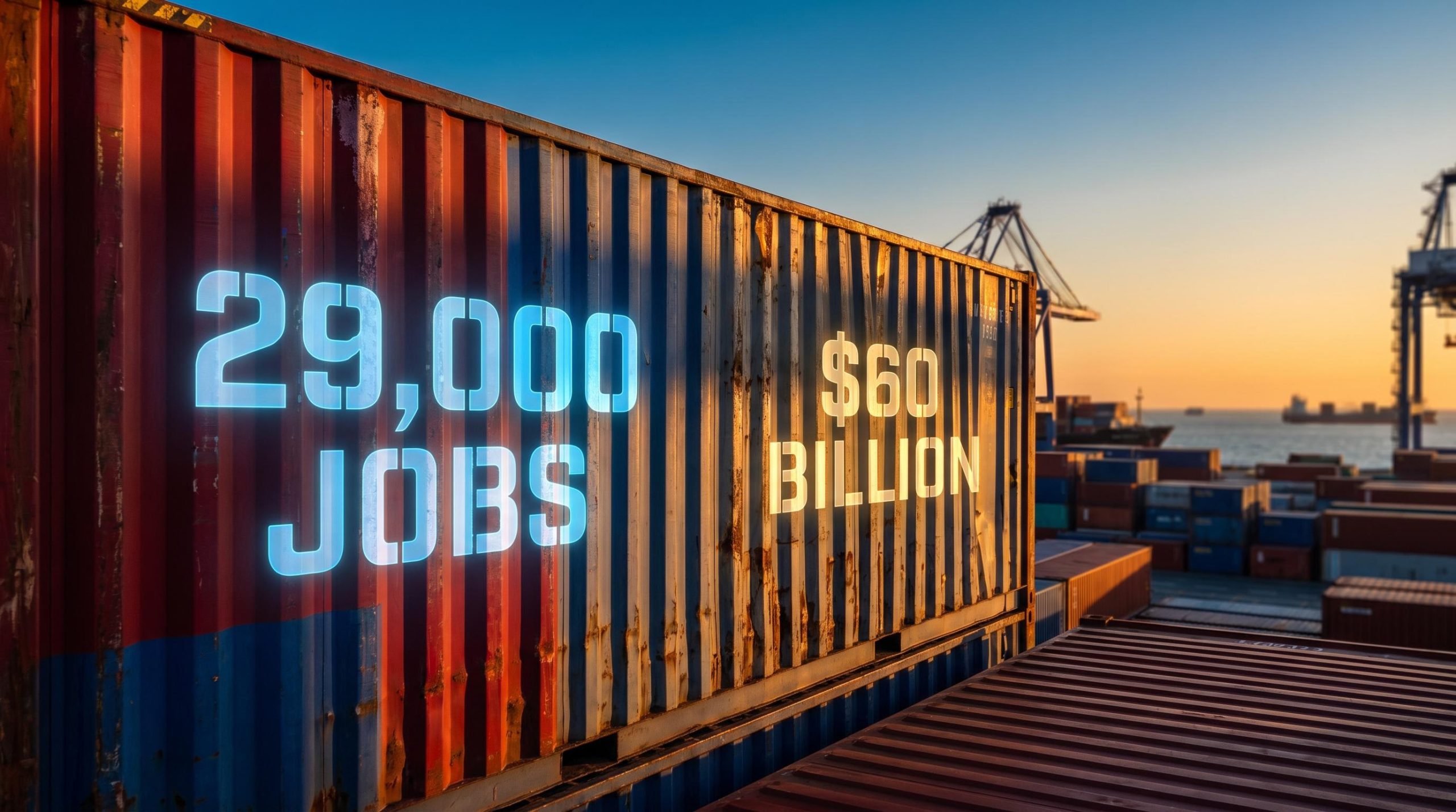 Container port at golden hour with US-China tariff $60 billion and 29,000 jobs figures on steel crate