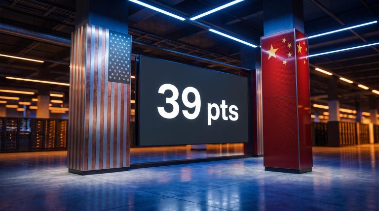 US and China tech race frontier gap shown as "39 pts" benchmark display between rival national flag panels
