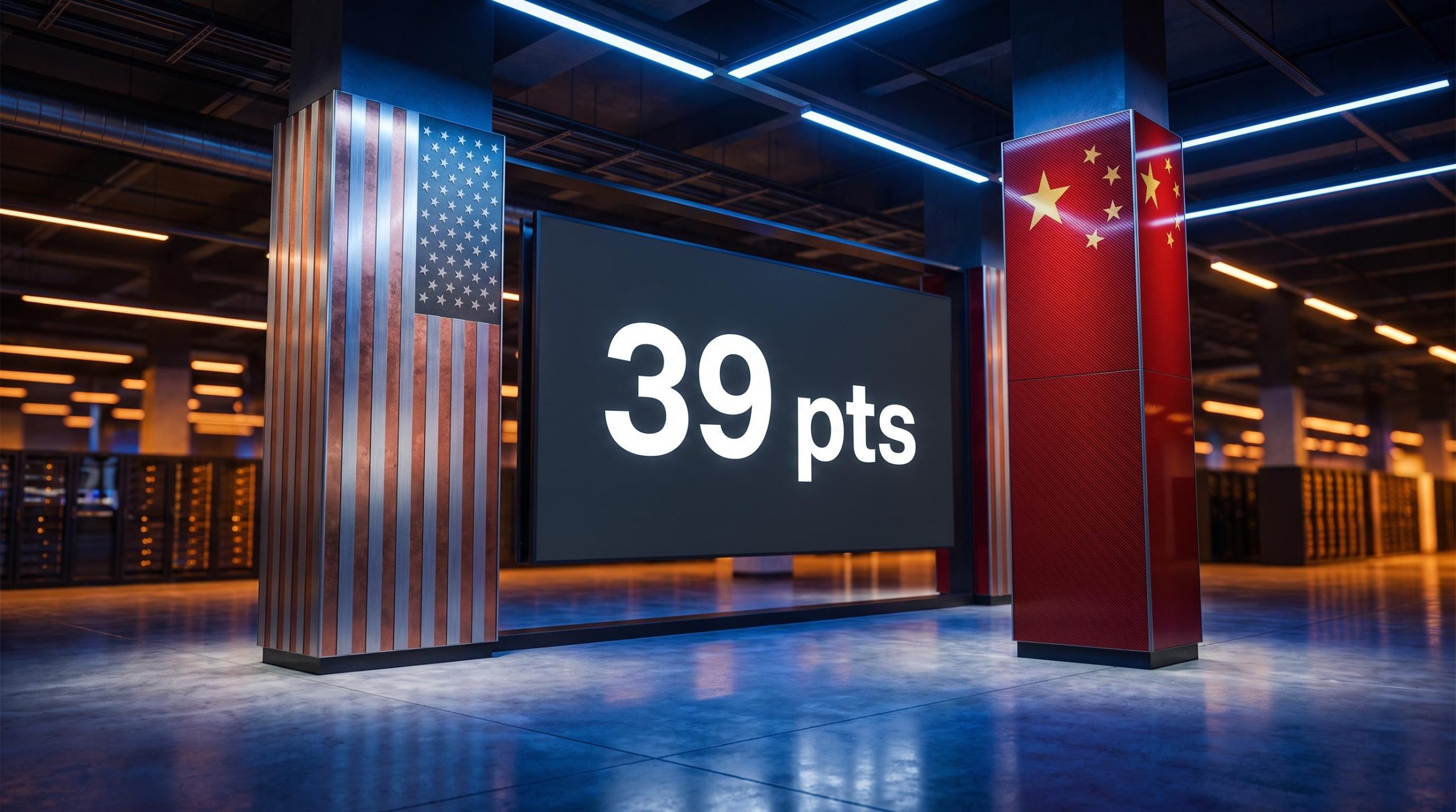 US and China tech race frontier gap shown as "39 pts" benchmark display between rival national flag panels